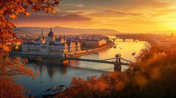 ai generado imagen de escénico ver de ciudad con prominente arquitectónico estructura, puente terminado río, y el rodeando paisaje bañado en el calentar resplandor de puesta de sol ai generado foto