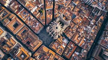 AI generated aerial view captures historic cathedral surrounded by densely packed cityscape. The city has narrow streets and brown rooftops, with traditional architecture Ai Generated photo