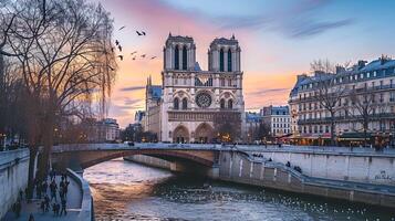 ai generado foto de el icónico notre dama catedral en París, con sereno río fluido en el primer plano y suave, vistoso cielo a oscuridad como fondo ai generado