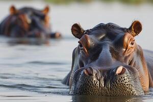 ai generado hipopótamo cabeza emergente desde el agua. el agua tiene amable ondas, indicando calma ai generado foto