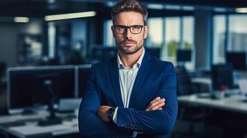 ai generado contento empresario sostiene un bolso gerente en un negocio traje. ai generado foto