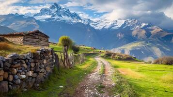 ai generado tranquilo campo escena estrecho suciedad camino líder pasado antiguo Roca y madera estructuras, con el majestuoso nieve tapado montañas en el fondo debajo parcialmente nublado cielo. ai generado foto