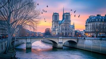 ai generado foto de el icónico notre dama catedral en París, con sereno río fluido en el primer plano y suave, vistoso cielo a oscuridad como fondo ai generado