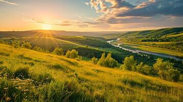 AI generated Photo vast prairie with green grass, wide river in the distance, and lush forest on both sides, long exposure Ai Generated