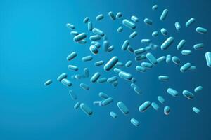 AI generated Falling blue medicine pill capsules on blue background. Antibiotics photo