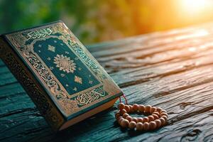 AI generated Islamic Holy Al Quran with Arabic calligraphy and tasbih beads photo