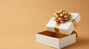 AI generated Unveiling Luxury 3D Gift Box with Gold Ribbon, Empty Space, Top View, Ai generated photo