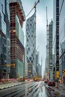AI generated image captures bustling urban scene with towering buildings of modern architectural designs. prominent building with unique diamond shaped pattern is central in the image. Ai Generated photo