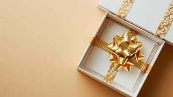 AI generated Unveiling Luxury 3D Gift Box with Gold Ribbon, Empty Space, Top View, Ai generated photo