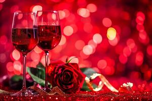 AI generated glasses wine, bloomed red rose golden ribbon, romantic theme celebrations of love Ai generated photo