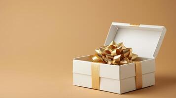 AI generated Radiant Gifting Experience 3D Golden Gift Box, Ribbon, Top View, Empty Space, Ai generated photo
