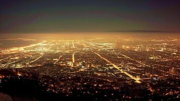 ai generado paisaje urbano a noche, iluminado por miles de luces ai generado foto