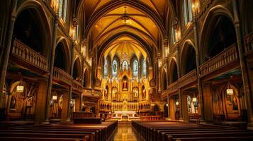 AI generated Photo of the interior of grand church with intricate architectural details. wood pews are aligned in rows leading up to the altar Ai Generated