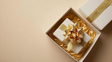 AI generated Unveiling Luxury 3D Gift Box with Gold Ribbon, Empty Space, Top View, Ai generated photo