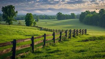 AI generated split rail fence stretches across the countryside, dividing the lush green fields, and horse grazes peacefully nearby, long exposure photography Ai Generated photo