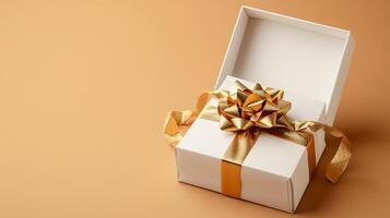 AI generated Radiant Gifting Experience 3D Golden Gift Box, Ribbon, Top View, Empty Space, Ai generated photo