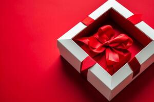 AI generated Red Elegance from Above 3D Top View Gift Box with Ribbon, Empty Space, Ai generated photo