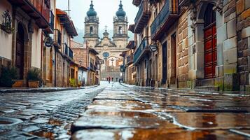 AI generated cobblestone street lined with historic buildings leading towards an ornate cathedral. The buildings have rustic charm, featuring stone construction and wood balconies Ai Generated photo