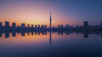 AI generated cityscape reflected in calm waters floating peacefully Ai generated photo
