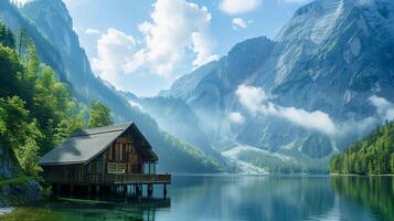 AI generated serene landscape with wood cabin on pristine lake, surrounded by towering mountains and lush greenery. The cabin should be built on stilts over crystal clear lake Ai Generated photo