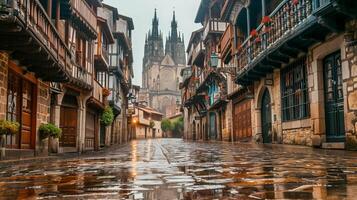 AI generated Photo cobblestone street lined with historic buildings leading towards an ornate cathedral. The buildings have rustic charm, featuring stone construction and wood balconies Ai Generated