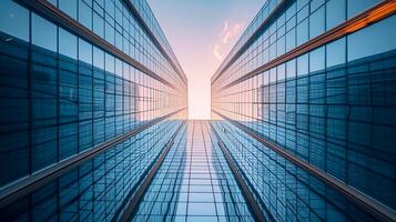 AI generated image shows low angle view of two tall buildings converging into the sky. Both buildings are made of reflective glass that mirrors the surrounding environment. Ai Generated photo