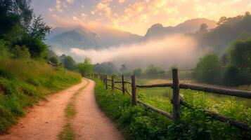 AI generated tranquil rural early morning . winding dirt path is prominent, leading the viewer eye through the it surrounded by lush greenery. wood fence runs alongside the path. Ai Generated photo