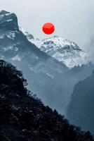 AI generated Snowy mountains surrounded by symmetry, in the center is black and red suns from the evening. Minimalist Chinese classical style Ai Generated photo