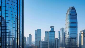 ai generado moderno paisaje urbano caracteristicas un alto rascacielos debajo un claro azul cielo ai generado foto