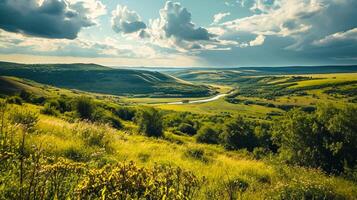 AI generated Photo vast prairie with green grass, wide river in the distance, and lush forest on both sides, long exposure Ai Generated