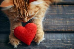 ai generado un rojo 3d corazón en el patas de un gato. Copiar espacio ai generado foto