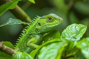 AI generated vibrant green lizard perched on bright green leaves Ai generated photo