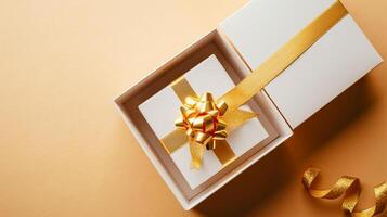 AI generated Golden Elegance Unveiled 3D Top View of Luxury Gift Box with Ribbon, Empty Space, Ai generated photo