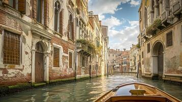 ai generado hermosa escena desde Venecia, con un atención en un estrecho canal rodeado por alto, Envejecido edificios ai generado foto