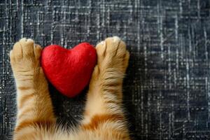 AI generated A red 3d heart in the paws of a cat. copy space Ai Generated photo