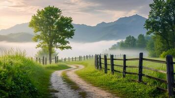 AI generated tranquil rural early morning . winding dirt path is prominent, leading the viewer eye through the it surrounded by lush greenery. wood fence runs alongside the path. Ai Generated photo