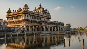 AI generated Photo of majestic, historical building with intricate architectural details, standing beside serene body of water under clear sky. The building has large dome at the top Ai Generated