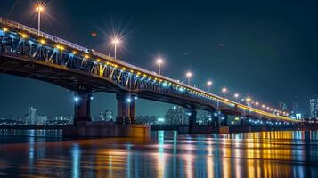 ai generado hermosamente iluminado puente a noche, con el ciudad luces en el antecedentes ai generado foto