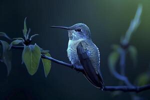 ai generado colibrí encaramado en un rama, iluminado por un suave azul ligero en el medio de oscuridad ai generado foto