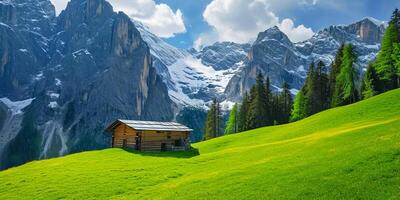 AI generated photo of a wood barn in a green field surrounded by green in a forest Ai Generated