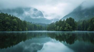 AI generated photo beautiful scenery of a lake with the reflection od surrounding mountains in the background Ai Generated