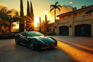 ai generado Deportes coche estacionado en frente de un lujo residencia por atardecer, lujo vida ai generado foto