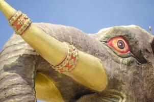 Nonthaburi, Thailand - November 01, 2023 Closeup carved sculpture erawan 3 headed elephant at Wat Bang Chak temple Nonthaburi Province photo