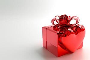 ai generado rojo cinta romance 3d corazón regalo caja, vacío espacio, parte superior vista, elegancia, ai generado foto