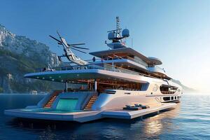 AI generated 3D illustration of a luxury super yacht with a helicopter swimming pool and a jacuzzi Ai Generated photo