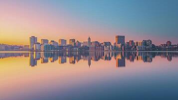 AI generated cityscape reflected in calm waters floating peacefully Ai generated photo