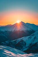 AI generated Sphoto beautiful scenery of high rocky mountains covered with snow under the breathtaking sky, suns from the sunset, Minimalist style Ai Generated photo