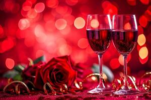 ai generado San Valentín día o romántico concepto. dos lentes vino con Rosa rojo bokeh antecedentes ai generado foto