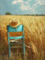 AI generated serene image captures vintage wood chair with peeling turquoise paint amidst field of tall, golden wheat. straw hat with ribbon Ai Generated photo