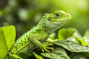 AI generated vibrant green lizard perched on bright green leaves Ai generated photo